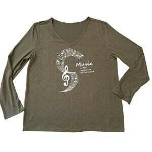 Music Treble Clef Top Size XL Olive Green Long Sleeve Graphic Shirt
